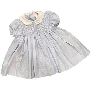 Petit Ami Smocked Hand Embroidered Floral Pale Blue Baby Dress Collar